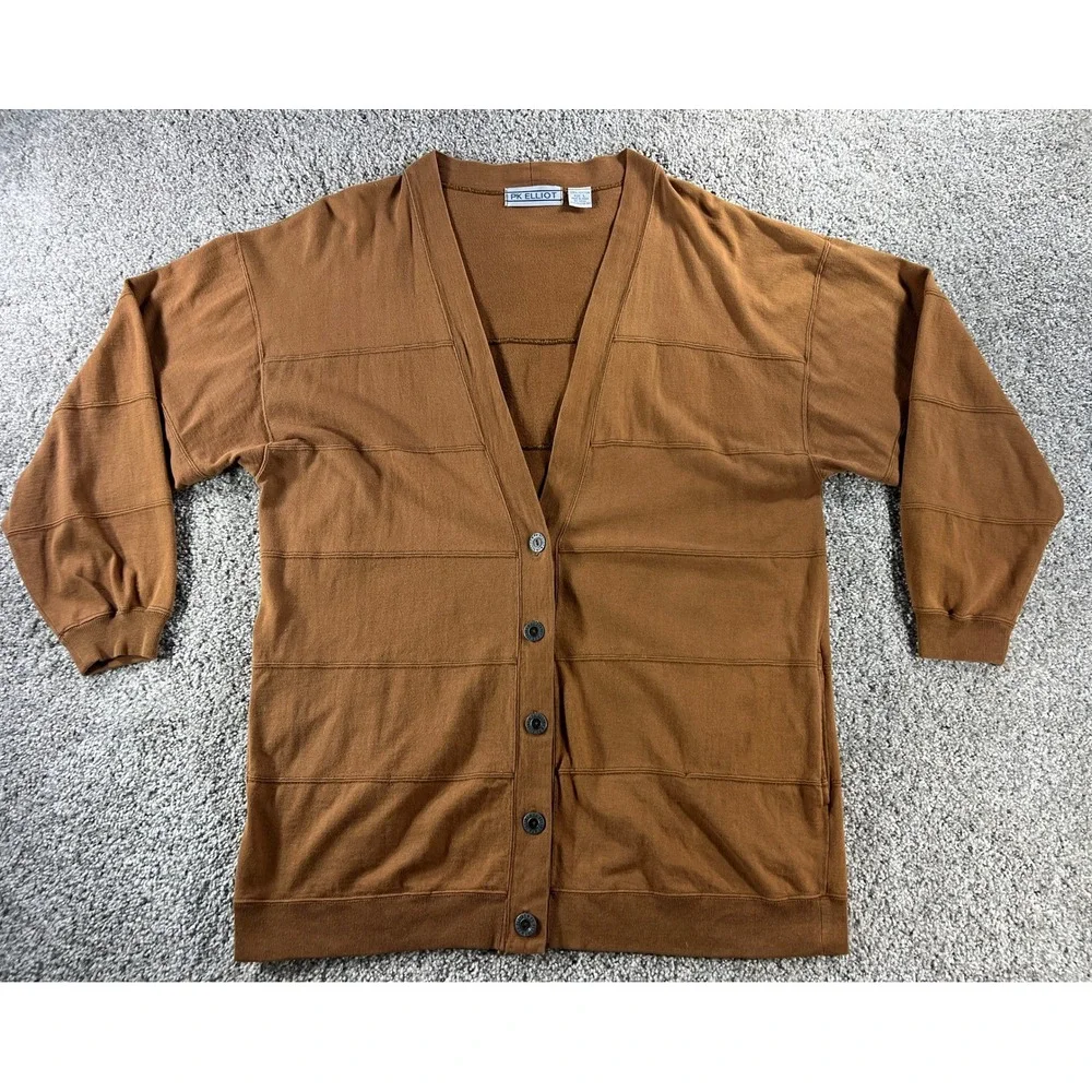 Vintage PK Elliot Mens Brown Tiered Cotton Cardigan V-Neck Button Front Large